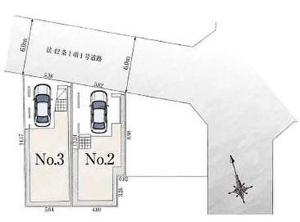 【全体区画図】カースペース1台♪
前道が6ｍあるので、車庫入れが苦手な方でも安心して入れられます♪