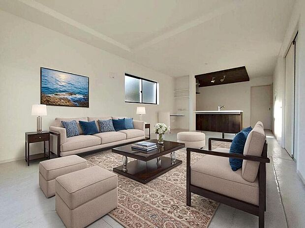 １号棟
１８帖の広々明るいリビング♪
対面式キッチンは、家事をしながら家族の様子が一目でわかる安心＆便利設備♪
※家具をCGで加工しています。家具付き販売ではございません。