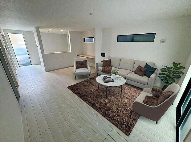 3号棟
対面式キッチン仕様の広々20.1帖の明るいリビング♪
キッチンの前にはカウンタースペースが付いています♪
※家具をCGで加工しています。家具付き販売ではございません。