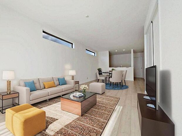 A号棟
陽光ふりそそぐ約１９．６４帖の明るいリビング。
対面式キッチンは、家事をしながら家族の様子が一目でわかる安心＆便利設備♪
※家具をCGで加工しています。家具付き販売ではございません。