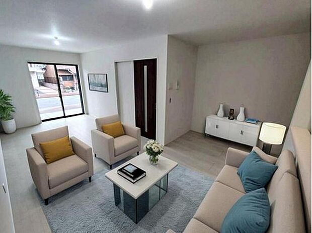 陽光ふりそそぐ明るい１８．９帖のリビング。
対面式キッチンは、家事をしながら家族の様子が一目でわかる安心＆便利設備♪
※家具をCGで加工しています。家具付き販売ではございません。