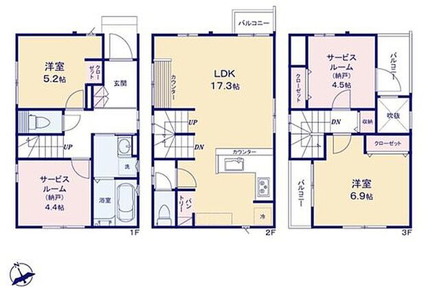 【2LDK+2S】広々寛ぎの約17.3帖のリビング♪
3階建ての3面バルコニー仕様!
居室としても使える、2部屋の納戸♪
パントリーや廊下収納があり、お部屋がいつでもスッキリ♪
