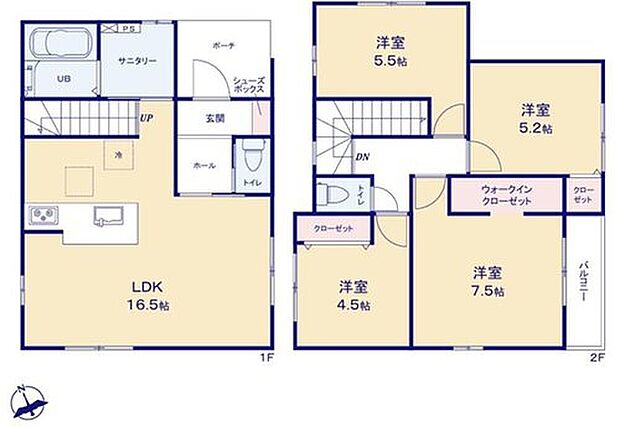 【4LDK+S】キッチン上部折下天井仕様の広々約16.5帖リビング♪
2階は4部屋あり、お子様一人一人にお部屋が与えられます☆
大きな荷物も収納可能なウォークインクローゼット♪
日当たり良好な南東向きのバルコニー♪