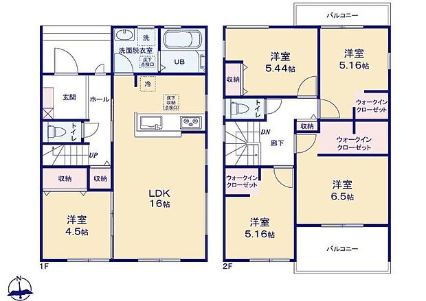 【5LDK】対面式キッチン仕様の１６帖の明るいリビング♪
大きな荷物も収納可能なウォークインクローゼット付き♪
廊下に収納スペースが充実♪
日当たり良好な両面バルコニー♪