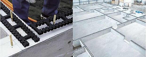 【 基礎パッキン】基礎と土台を絶縁することで、腐朽菌や、シロアリの被害を未然に防ぎ、建物の耐久性や建材の持つ性能を十分に発揮させます。キソパッキンロングを通して、基礎全周から床下内へ自然の風を送り込みます。