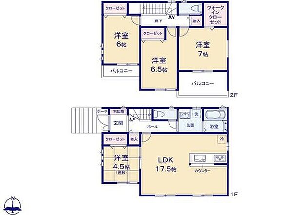 【4LDK】対面式キッチン仕様の広々とした17.5帖リビング♪
リビングに隣接したホッと一息着ける4.5帖の和室♪
大きな荷物も収納可能なウォークインクローゼット付き♪
日当たり良好な2つの南向きバルコニー♪