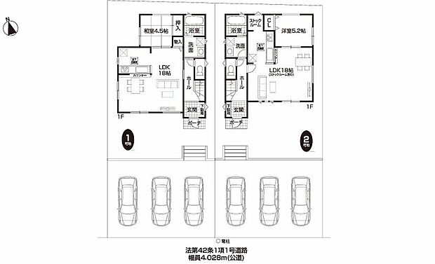【全体区画図】全２棟、並列３台駐車可能♪
１号棟　３，２８０万円
２号棟　３，１８０万円