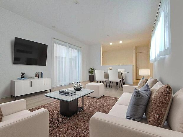 【リビング】陽光ふりそそぐ明るい約16帖のリビング。
対面式キッチンは、家事をしながら家族の様子が一目でわかる安心&便利設備♪
※家具をCGで加工しています。家具付き販売ではございません。