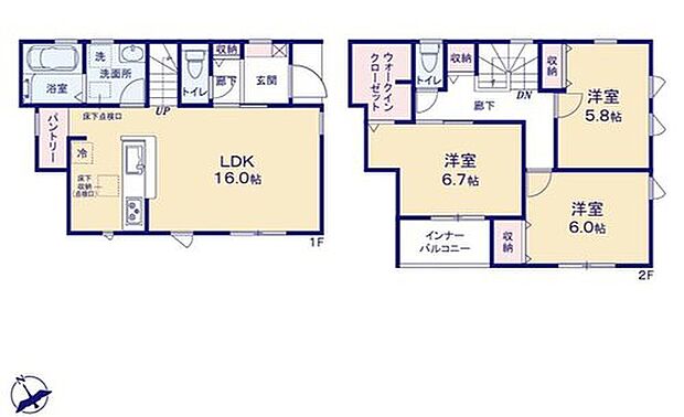 【3LDK】対面式システムキッチン、 LDKは広々とした約16帖♪
ウォークインクローゼットやパントリー付きで収納豊富♪
南向きで日当たり良好なインナーバルコニー付き♪
お車並列2台駐車可能☆