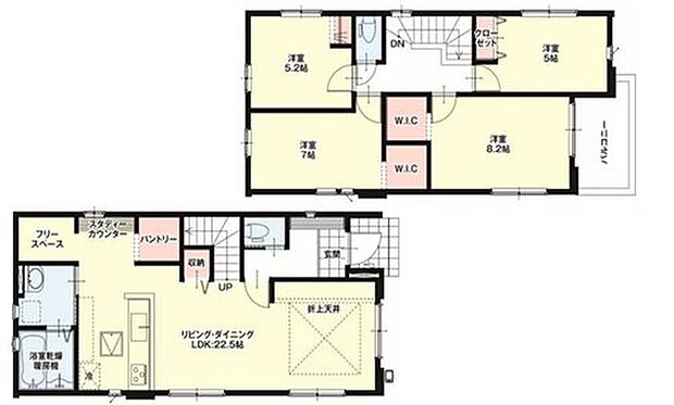 【4LDK】折上天井仕様の広々とした22.5帖の明るいリビング♪
キッチンがスッキリ片付くパントリー収納付き♪
大きな荷物も収納可能なウォークインクローゼット付き♪
日当たり良好なバルコニー♪