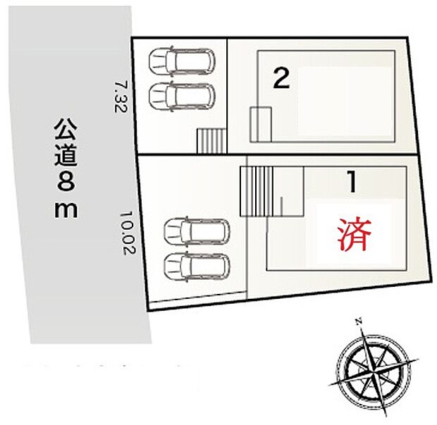 【全体区画図】小牧市久保一色　全２棟
並列２台駐車可能、お庭付き♪
１号棟　ご成約済み
２号棟　２，８００万円