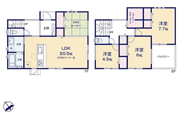 【3LDK】対面式キッチン仕様の広々20.5帖の明るいリビング♪
リビングに隣接したホッと一息着けるタタミコーナー♪
家族の服がスッキリ片付くファミリークローク付き♪
日当たり良好な南西向きのバルコニー♪