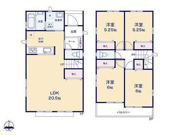 【4LDK】◇リビングは広々20帖超え♪
◇リビングイン階段なら、毎日大切な家族とのコミュニケーションがとれる家族想いの間取り♪
◇2階に4部屋をまとめることで、ご家族それぞれのプライベート空間も保てますね♪
