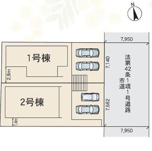 【全体区画図】小牧市久保一色第１期　全２棟
１号棟　３，３９０万円
２号棟　３，２９０万円