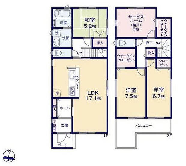 【3LDK+S】対面式キッチン仕様の広々17.1帖の明るいリビング♪
大きな荷物も収納可能なウォークインクローゼット&納戸付き♪
ホッと一息着ける5.2帖の和室♪
日当たり良好な南向きのワイドバルコニー♪