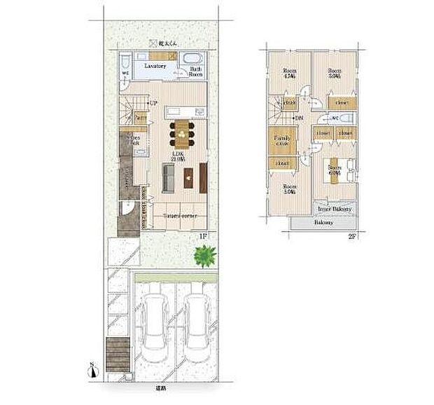【4LDK+S】対面式キッチン仕様の広々２１帖の明るいリビング♪
パントリー・SIC・FLC付きで収納豊富☆
リビングに隣接したホッと一息着けるタタミコーナー♪
日当たり良好な南向きの２Wayバルコニー♪
