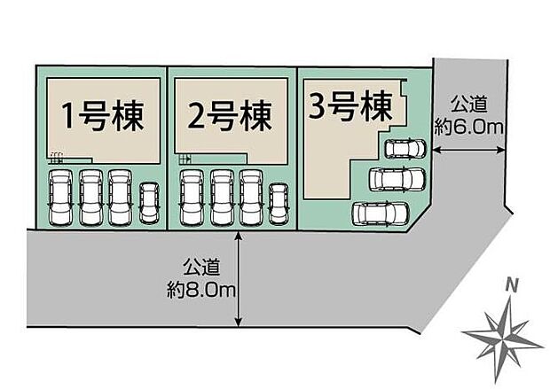 【全体区画図】春日井市岩成台5丁目 全2棟
1号棟 3,590万円
2号棟 3,590万円
3号棟 3,790万円