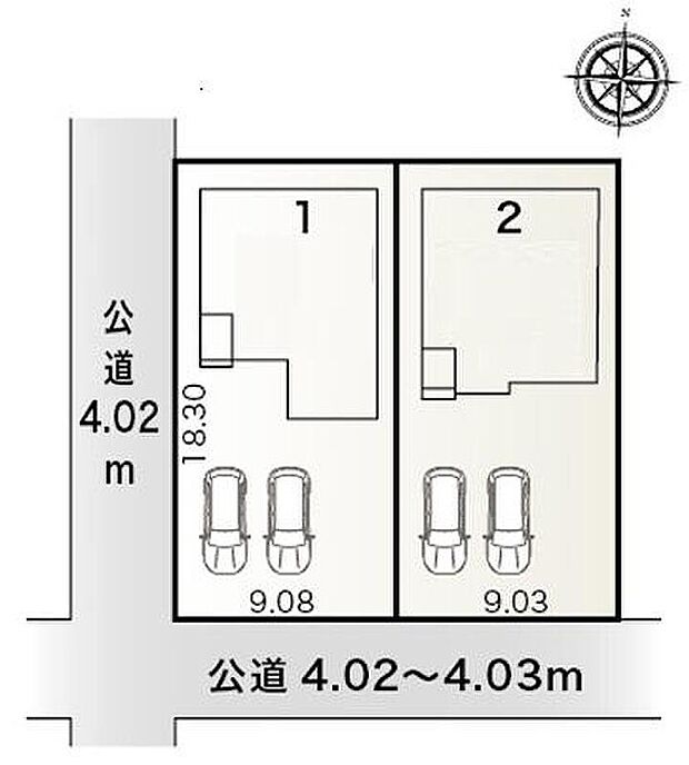 【全体区画図】春日井市上条町七丁目　全２棟
並列３台駐車可能♪お庭付き☆
１号棟　３，７８０万円
２号棟　３，６８０万円