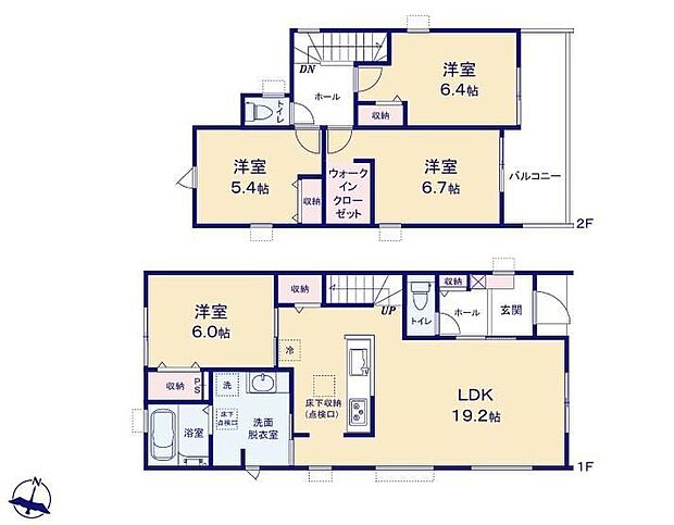 【4LDK】対面式キッチン仕様の広々１９．２帖の明るいリビング♪大きな荷物も収納可能なウォークインクロゼット付き♪リビングや各居室に収納スペースが充実♪日当たり良好なワイドバルコニー♪