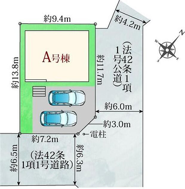 【全体区画図】尾張旭市柏井町　限定１棟
並列２台駐車可能、南東角地で日当たり良好♪
A号棟　３，０９０万円