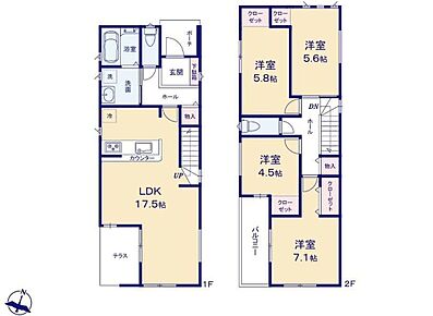 対面式キッチン仕様の広々１７．５帖の明るいリビング♪
リビングに隣接した開放感抜群のテラス付き♪
各居室や廊下に収納スペースが充実♪
日当たり良好な広々としたバルコニー♪ 