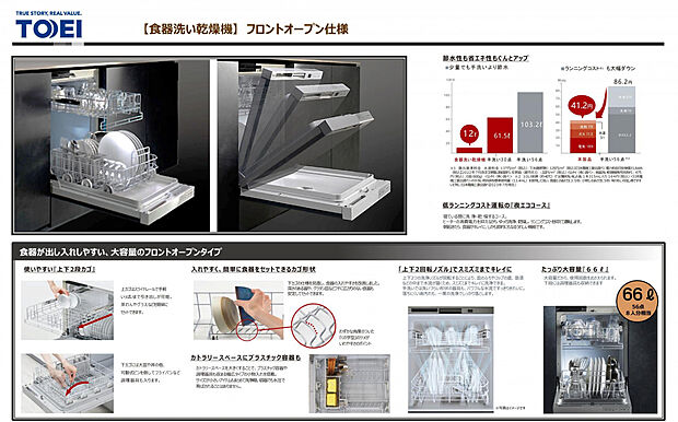 【食器洗い機】食器が出し入れしやすい、大容量のフロントオープンタイプ。