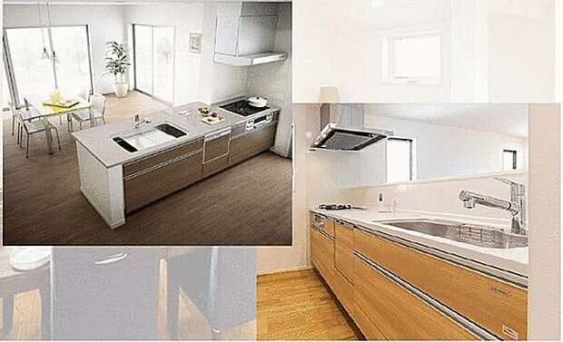 【システムキッチン標準仕様】食器洗い乾燥機と浄水器一体型水栓付システムキッチン。お手入れが簡単な素材を使用した魅力的なワークトップ。収納はオールスライドで奥のスペースまで有効に活用できます。