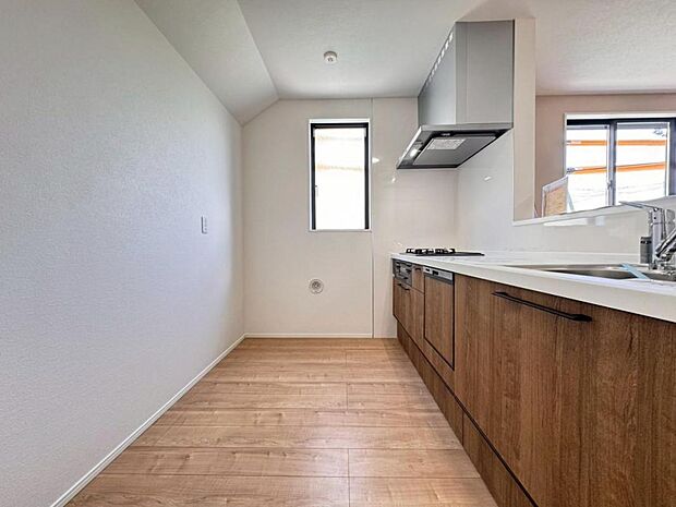 浄水器一体型水栓に3口グリルコンロ、食洗器と機能充実なシステムキッチンで、効率的な家事作業をサポート。キッチンワークが楽しくなります。