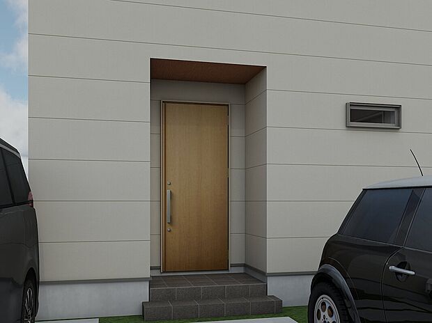 【自然な風合いの木目調ドア】白い外壁と組み合わせることで温かみのある外観に※完成イメージ画像