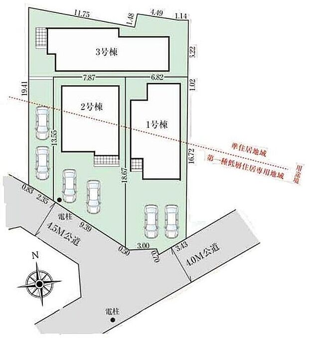 角地・明るい南向きのお住まい♪
駐車スペースは、全棟2台分確保しました！
空いたスペースは家族の自転車置き場にもオススメです☆