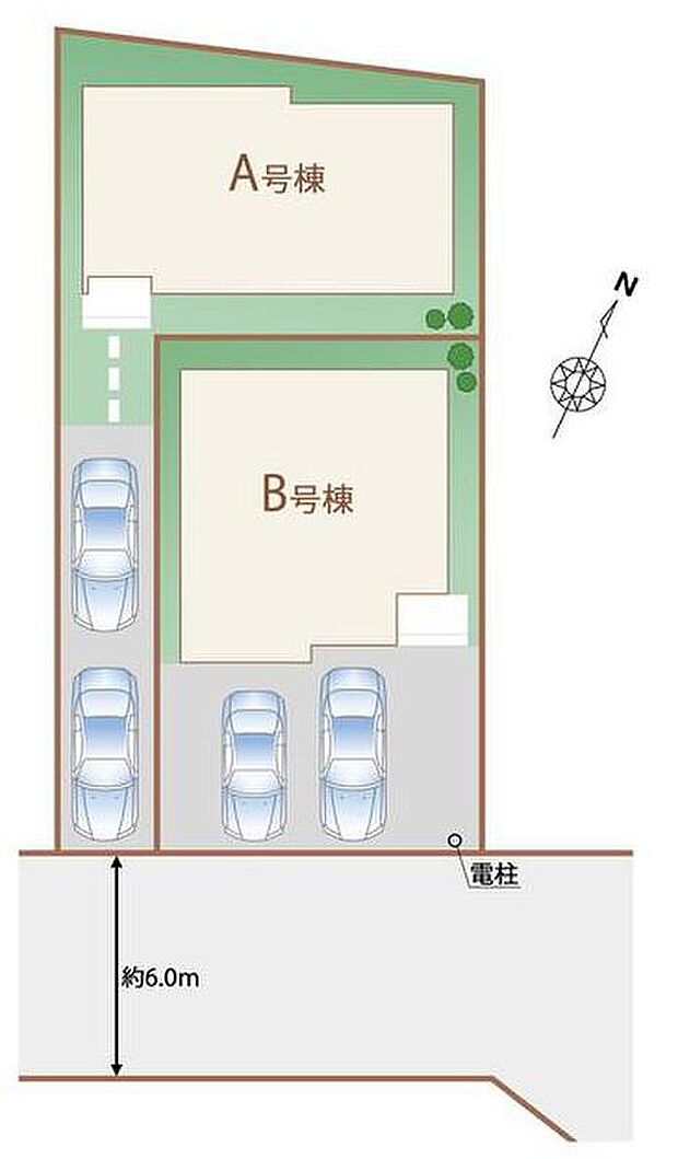 カースペースは、お住まい・車種により2台分完備！
前道道路が広いので、車庫入れが苦手な方でも安心して入れられます。