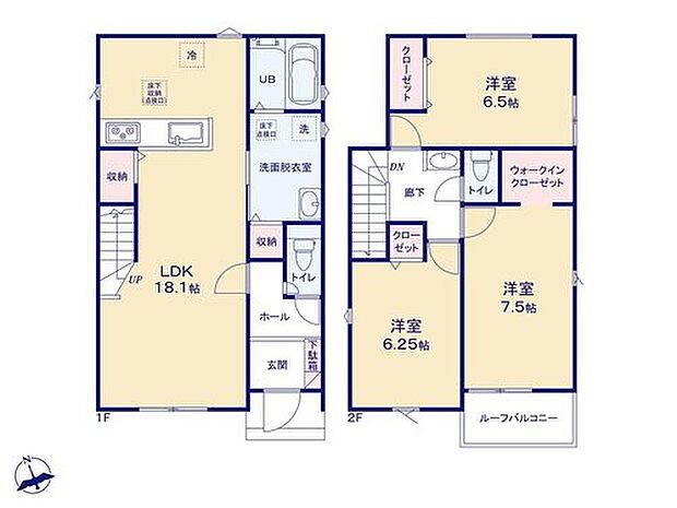 【3LDK】広々とした18帖のLDK☆キッチン背面、洗面室も余裕のある広さの間取り♪リビングイン階段のある間取りでコミュニケーションも深まりそうです♪
リビング収納、洗面室収納、WICも揃い、収納スペースもたっぷり◎