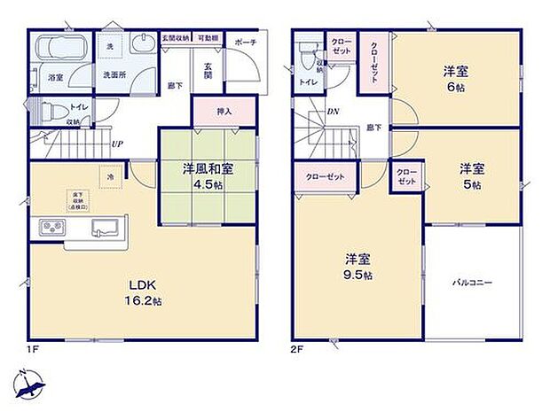 【4LDK】1階には和室があり家族との時間をゆっくり過ごすことができそうですね♪主寝室は9.5帖の広々とした空間☆家具の配置もしやすく、自分だけのお部屋を作ることができます！