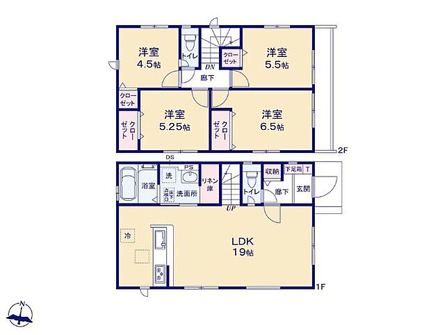 【3LDK】明るい陽射しが降り注ぐ、LDKは広々【19帖】！
ゆとりあふれる室内空間が心地よい暮らしを実現☆
洗面室には便利な「リネン庫」を設置！
洗剤やタオルなど収納できるので便利ですね♪