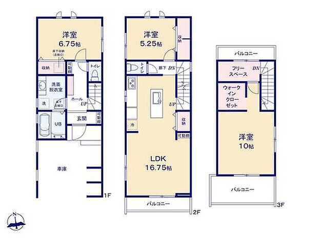 【3LDK+S】ビルトインガレージのあるお住まい☆雨の日も濡れずに玄関へ移動できる便利な間取りとなっています！
明るい2階リビングや、アイランドキッチン、豊富な収納スペースも魅力です◎