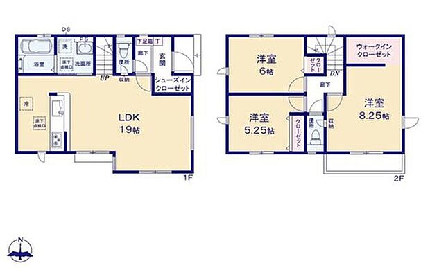 【3LDK】広々19帖のLDK！対面キッチンからはLDK全体を見渡せます♪
玄関にはシューズインクローゼット、2階にはウォークインクローゼット完備☆お部屋がスッキリ片付きます♪
水回り集中設計で家事効率アップ！