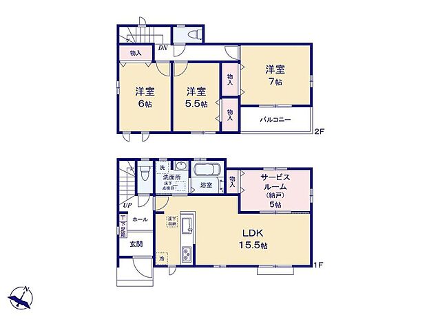 【3LDK+S】水回り集中設計で家事効率もアップ！
リビングの続き間にある納戸スペースは、お子様のお世話スペースや、テレワーク等、様々な用途でお使い頂けます◎