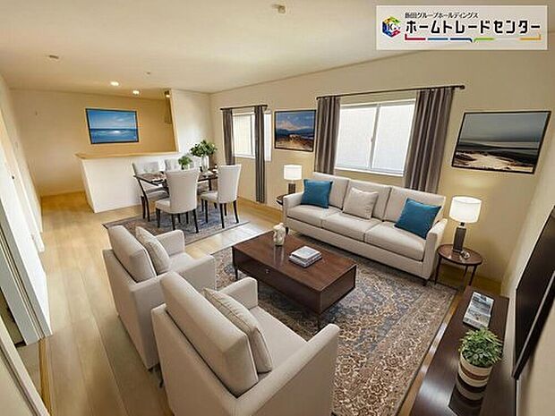 【リビング】お子さまは、ご飯の支度を頑張っているご家族の姿が見えると安心。手伝いたいという気持ちになるなど、お手伝いの習慣も育ちやすいですよ♪（家具はCGです）