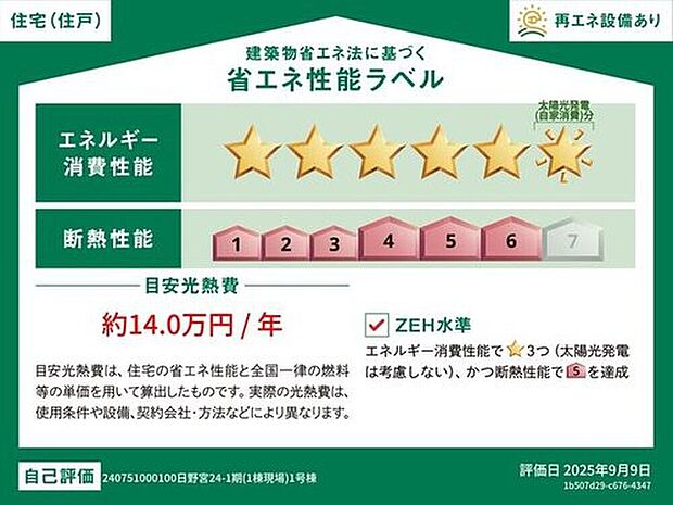 【【省エネ性能ラベル】】こちらの物件はZEH水準を満たした、省エネ性能に優れた物件です。　光熱費を抑えて暮らすことができるだけでなく、「熱の入りにくさ・逃げにくさ」という観点でも影響を受けにくい建物のため、長く快適にお過ごしいただけます♪
