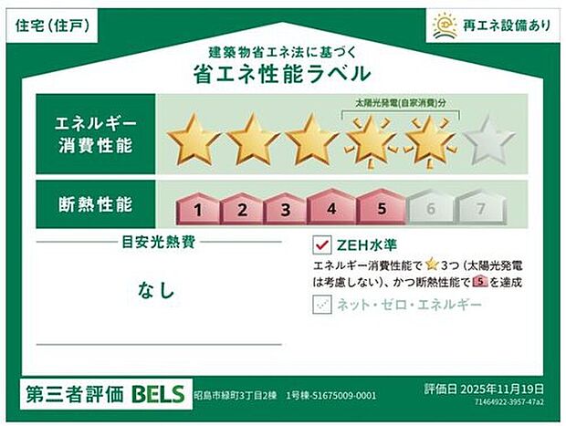 【【省エネ性能ラベル】】こちらの物件はZEH水準を満たした、省エネ性能に優れた物件です。　光熱費を抑えて暮らすことができるだけでなく、「熱の入りにくさ・逃げにくさ」という観点でも影響を受けにくい建物のため、長く快適にお過ごしいただけます♪　※本ラベルは特定の住戸の性能を示すものであり、全ての住戸の性能を示すものではありません。