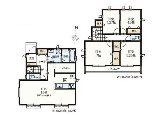 【4LDK】広々19帖のLDKはパントリー付き☆買いだめもできちゃう♪
水回りがまとまっているので忙しい奥さんには嬉しい間取り！
洋室を2階に集約し、プライバシーにも配慮したプラン♪