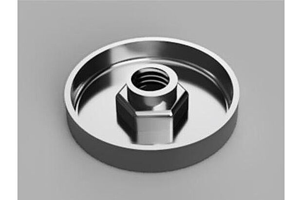 【木材のずれを抑える「せん断力負担腰掛座金」】座金は住宅の土台等の接合部に最も用いられる部品です。　一般的なめり込み防止の役割のほかに、座金の端部を立ち上げ木材に接触させることで木材のずれを抑える効果を付加し、住宅の構造性能を向上させました。

