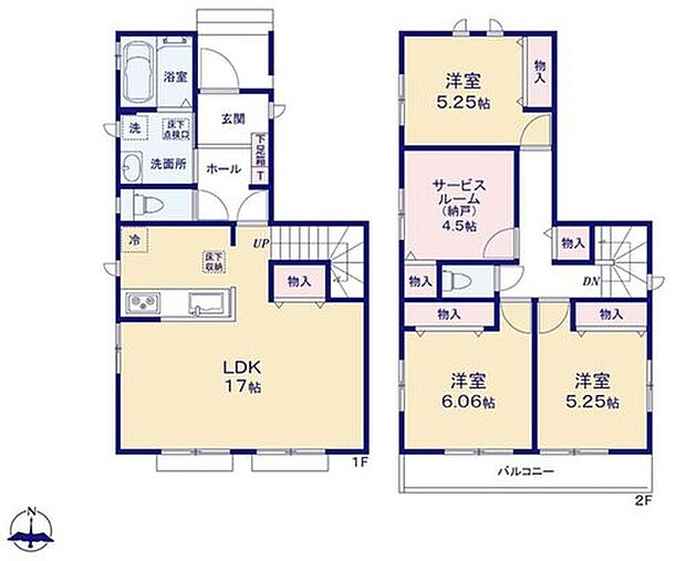 【3LDK+S】帰宅時・外出時の自然なコミュニケーションを育むリビングイン階段を採用。
仲良し家族の画が浮かびます♪
納戸をはじめ、収納充実！