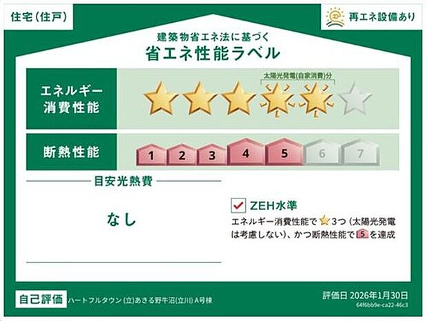 【省エネ性能ラベル】こちらの物件はZEH水準を満たした、省エネ性能に優れた物件です。光熱費を抑えて暮らすことができるだけでなく、「熱の入りにくさ・逃げにくさ」という観点でも影響を受けにくい建物のため、長く快適にお過ごしいただけます♪