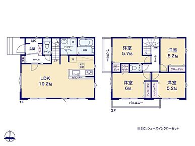 3面採光の明るい19.2帖のひろびろリビング！リビングイン階段、水回り集中設計を採用した、家族想いの間取りです♪
玄関にはＳＩＣ、1階廊下・各居室には収納が揃い、お住まいのキレイも続きそうですね◎ 