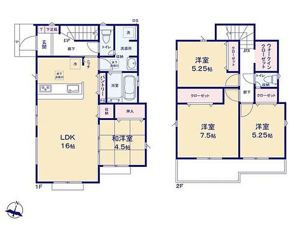 【4LDK】パントリー＆WICが揃った収納充実プラン♪
WICは廊下から出入り可能で便利♪
その他、リビング収納・水回り集中設計等、暮らしやすさを考えた間取りを採用しました◎