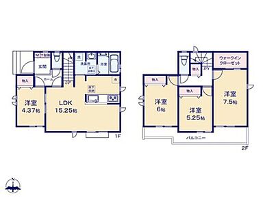 急な来客時も対応しやすい、ホールから直接出入りできる1階居室♪
2階の全居室から出入りできるバルコニーでお布団干しも快適♪
2階居室の大型WICで、衣類から季節物までたっぷり収納♪ 