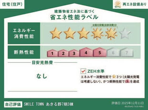 【【省エネ性能ラベル】】こちらの物件はZEH水準を満たした、省エネ性能に優れた物件です。 光熱費を抑えて暮らすことができるだけでなく、「熱の入りにくさ・逃げにくさ」という観点でも影響を受けにくい建物のため、長く快適にお過ごしいただけます♪ ※本ラベルは特定の住戸の性能を示すものであり、全ての住戸の性能を示すものではありません。