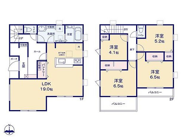 【4LDK】全居室2面採光の快適な間取り♪
LDK19帖☆明るく開放的な3面採光！水回り集中設計◎
玄関収納やパントリーなど収納も豊富です！