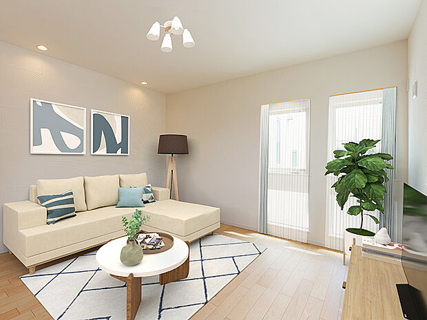 【【施工例】TAKIHOUSE　リビング　】「女性にやさしい自然素材の家」をコンセプトに1棟1棟丁寧に作りました。奥様が心地よく過ごせるよう、リビングの開放と窓を多く取り入れ明るい、そして開放感タップリのリビングに仕上げております。